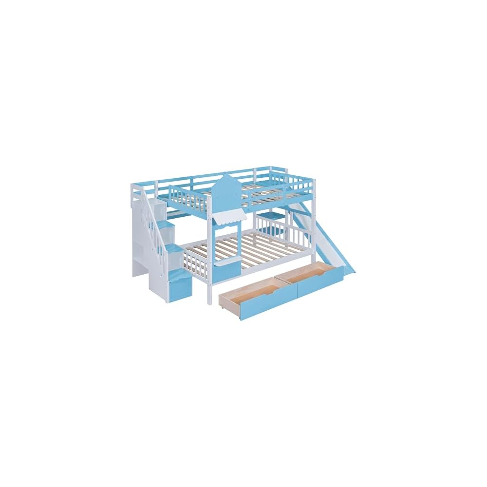 Full-Over-Full Bunk Beds Castle Style Bunk Bed with 2 Drawers 3 Shelves and Slide - Blue