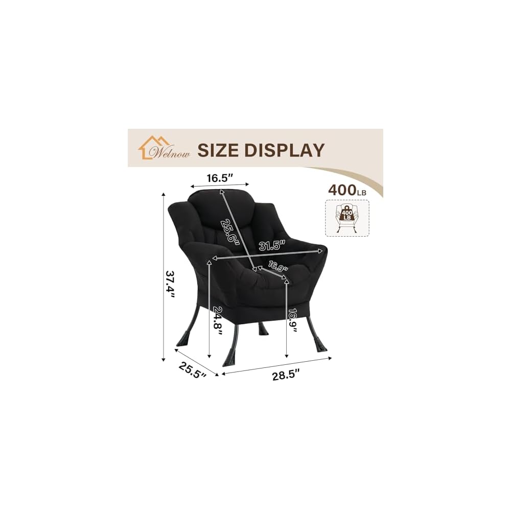 Welnow Lazy Chair for Adults，Modern Reading Accent Chair,Black Single