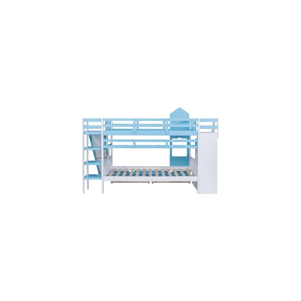 Full-Over-Full Bunk Beds Castle Style Bunk Bed with 2 Drawers 3 Shelves and Slide - Blue