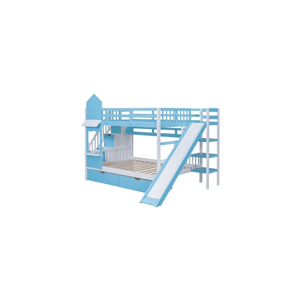 Full-Over-Full Bunk Beds Castle Style Bunk Bed with 2 Drawers 3 Shelves and Slide - Blue