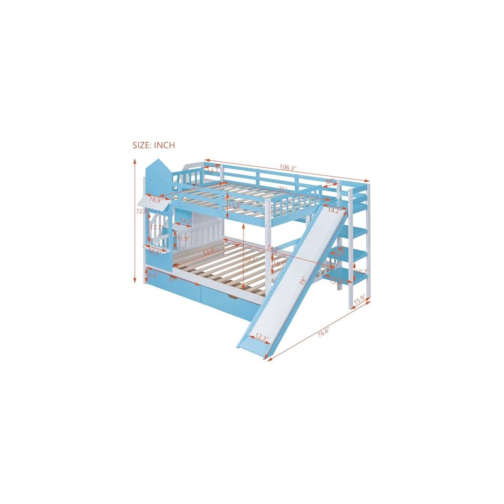 Full-Over-Full Bunk Beds Castle Style Bunk Bed with 2 Drawers 3 Shelves and Slide - Blue