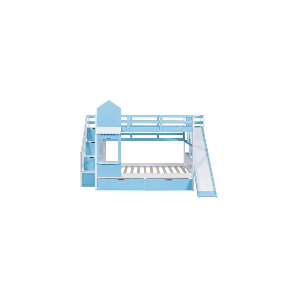 Full-Over-Full Bunk Beds Castle Style Bunk Bed with 2 Drawers 3 Shelves and Slide - Blue