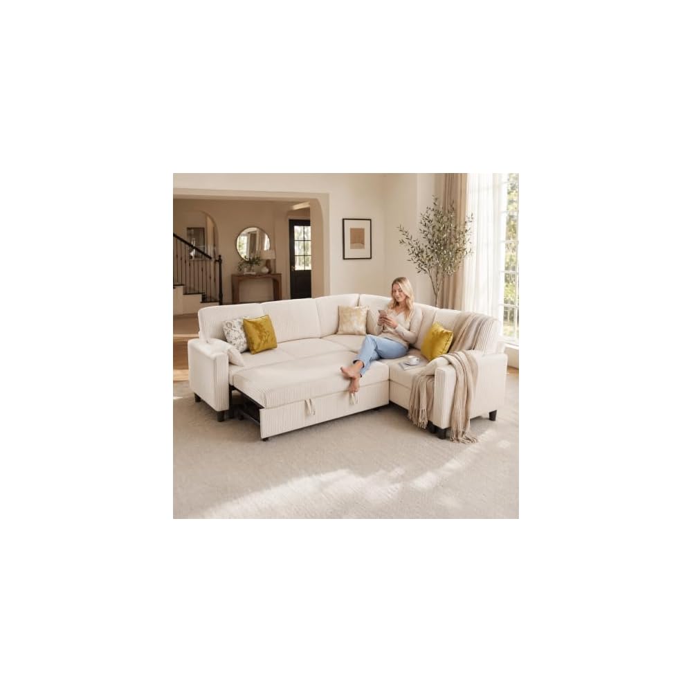 KKL 5 Seat L-Shaped Modular Sectional Sleeper Sofa with Pull Out Bed, Corduroy Couch with Storage, Modern Cloud Couch for Living Room, Beige