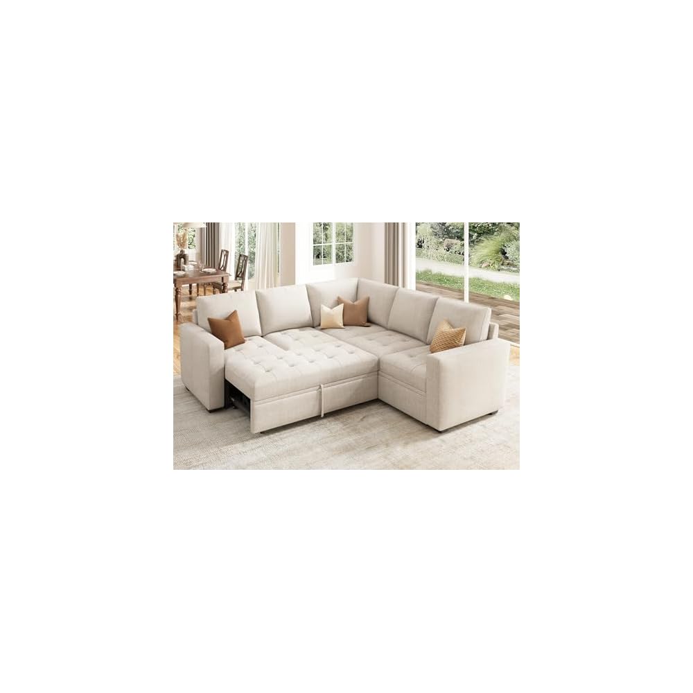 HONBAY Modular Sectional Sleeper Sofa with Pull Out Bed L Shaped Couch with Storage Seat Sectional Couches for Living Room,Beige