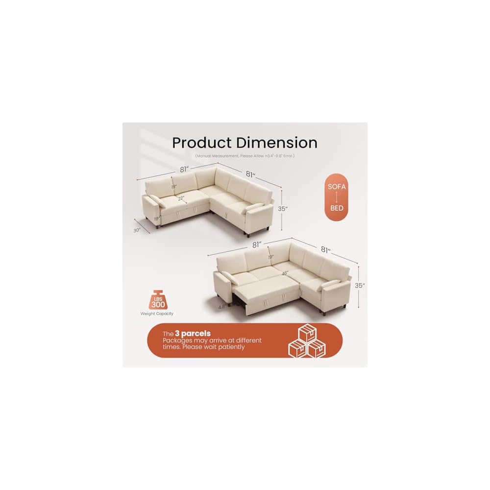 KKL 5 Seat L-Shaped Modular Sectional Sleeper Sofa with Pull Out Bed, Corduroy Couch with Storage, Modern Cloud Couch for Living Room, Beige