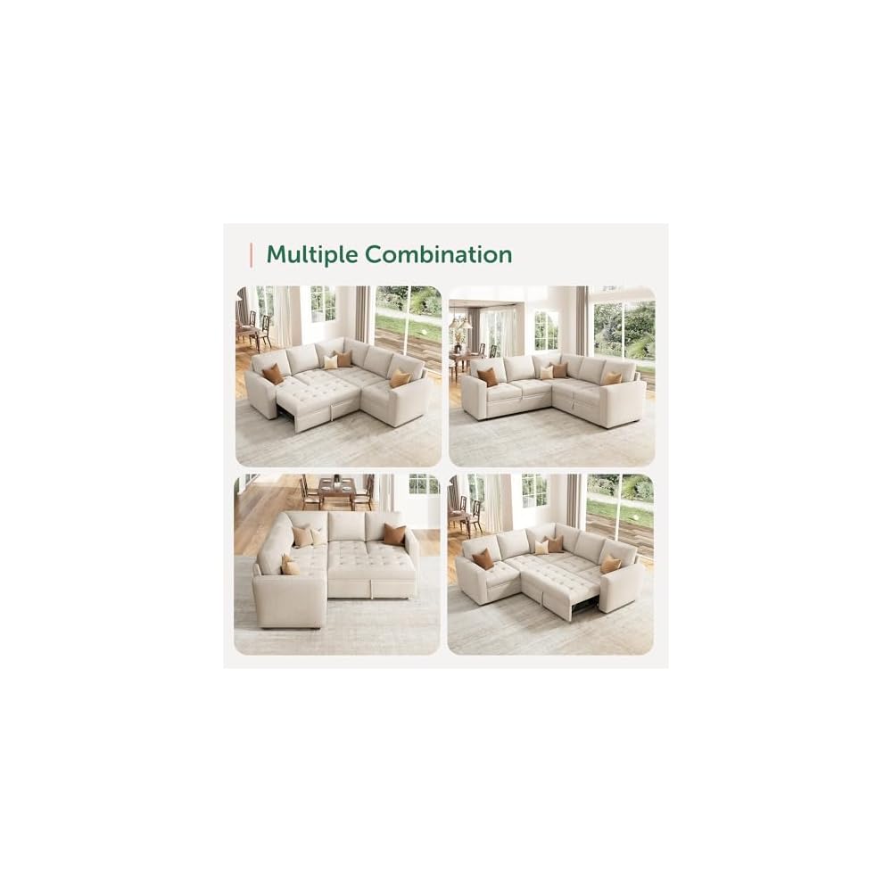 HONBAY Modular Sectional Sleeper Sofa with Pull Out Bed L Shaped Couch with Storage Seat Sectional Couches for Living Room,Beige