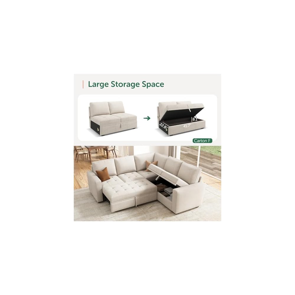 HONBAY Modular Sectional Sleeper Sofa with Pull Out Bed L Shaped Couch with Storage Seat Sectional Couches for Living Room,Beige