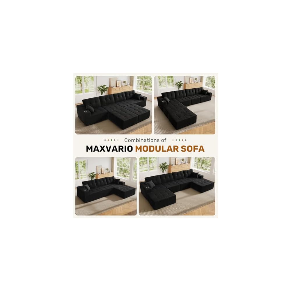 Luxanimarion 143" Modular Sectional Sofa for Living Room, Convertible U-Shape Couch with Ottoman, 6 Seater Modular Sectional Sofa,Black Corduroy