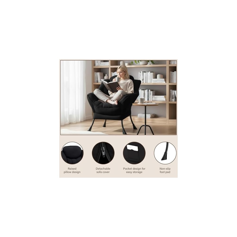 Welnow Lazy Chair for Adults，Modern Reading Accent Chair,Black Single