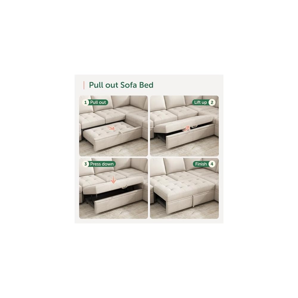HONBAY Modular Sectional Sleeper Sofa with Pull Out Bed L Shaped Couch with Storage Seat Sectional Couches for Living Room,Beige