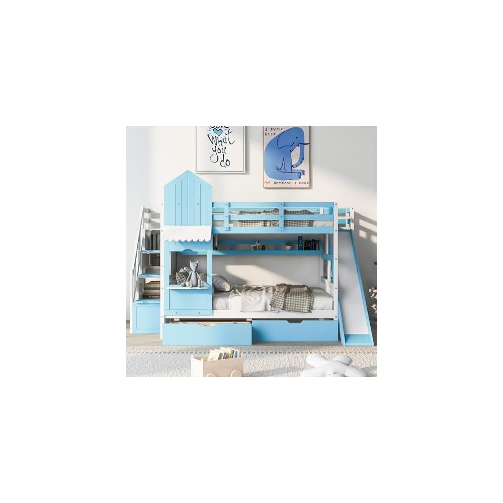 Full-Over-Full Bunk Beds Castle Style Bunk Bed with 2 Drawers 3 Shelves and Slide - Blue