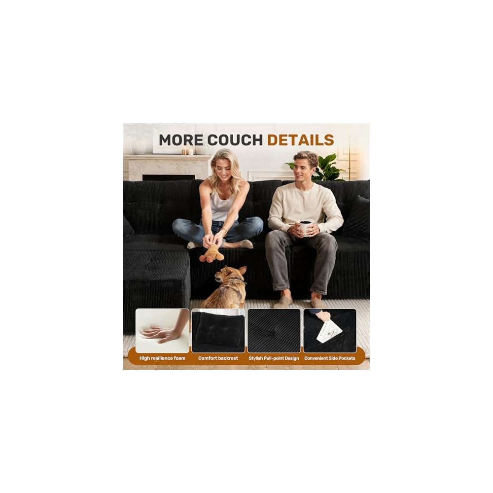 Luxanimarion 143" Modular Sectional Sofa for Living Room, Convertible U-Shape Couch with Ottoman, 6 Seater Modular Sectional Sofa,Black Corduroy