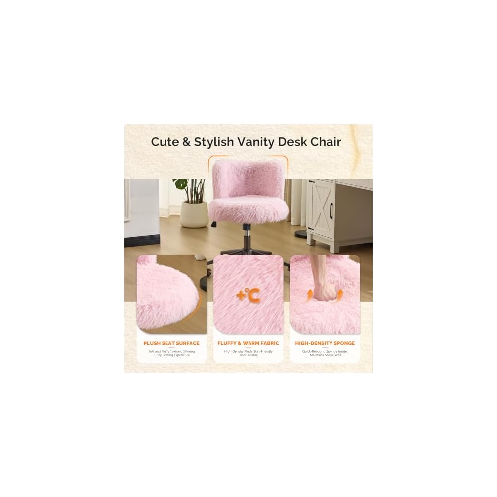 VINGLI Plush Upholstery Vanity Desk Chair with Curved Back & 90-102° Tilt & Adjustable Height, Cute Rolling Chair with Bronze Base & Golden-Bronze 360° Swivel Wheels for Makeup &Home Office,Light Pink