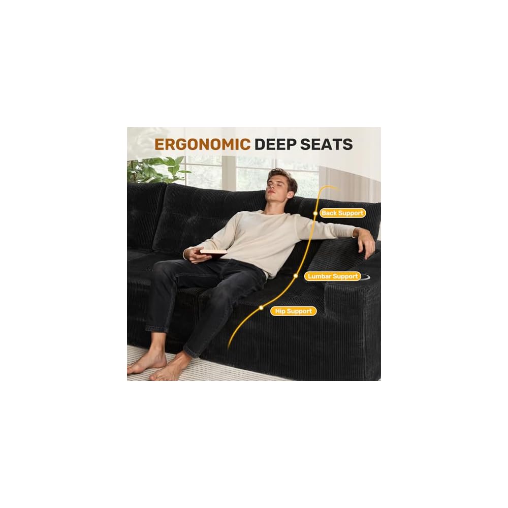 Luxanimarion 143" Modular Sectional Sofa for Living Room, Convertible U-Shape Couch with Ottoman, 6 Seater Modular Sectional Sofa,Black Corduroy