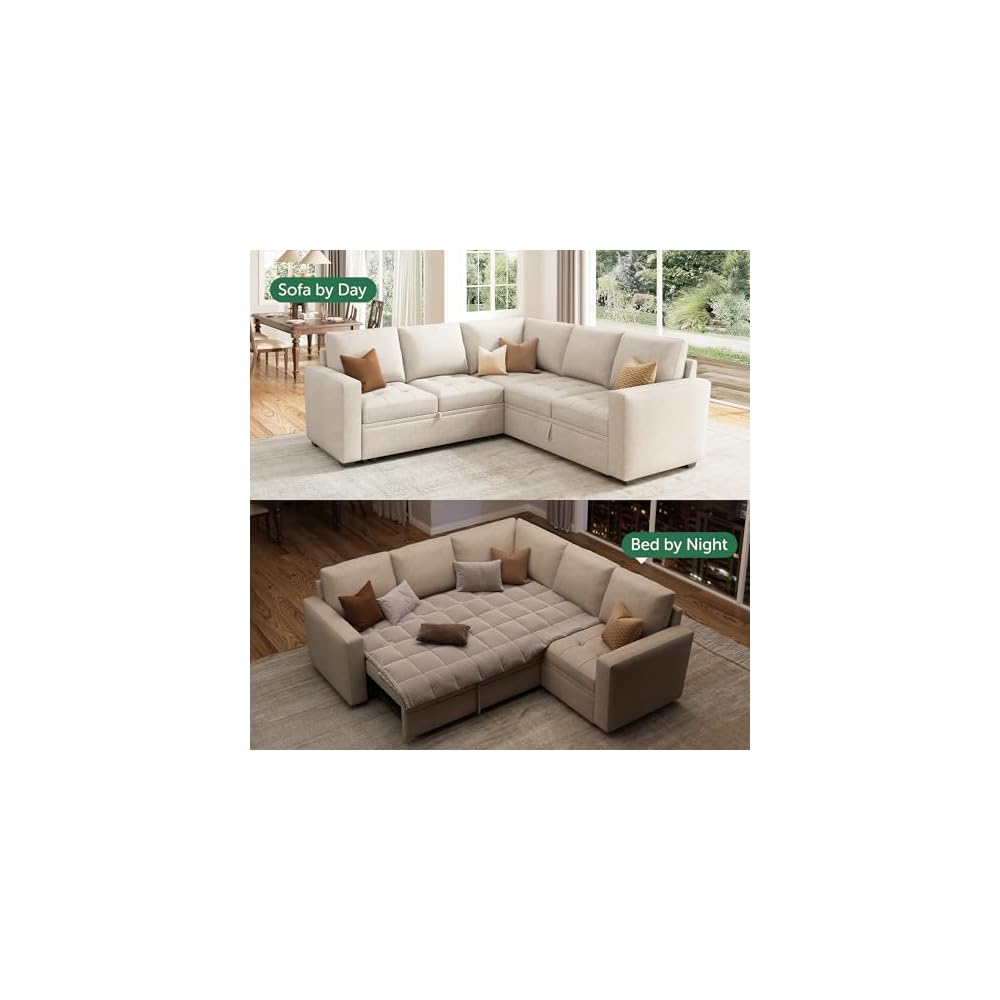 HONBAY Modular Sectional Sleeper Sofa with Pull Out Bed L Shaped Couch with Storage Seat Sectional Couches for Living Room,Beige