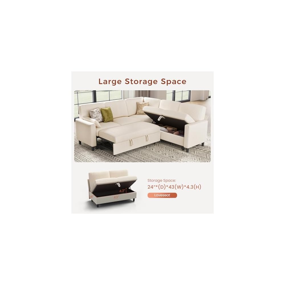 KKL 5 Seat L-Shaped Modular Sectional Sleeper Sofa with Pull Out Bed, Corduroy Couch with Storage, Modern Cloud Couch for Living Room, Beige