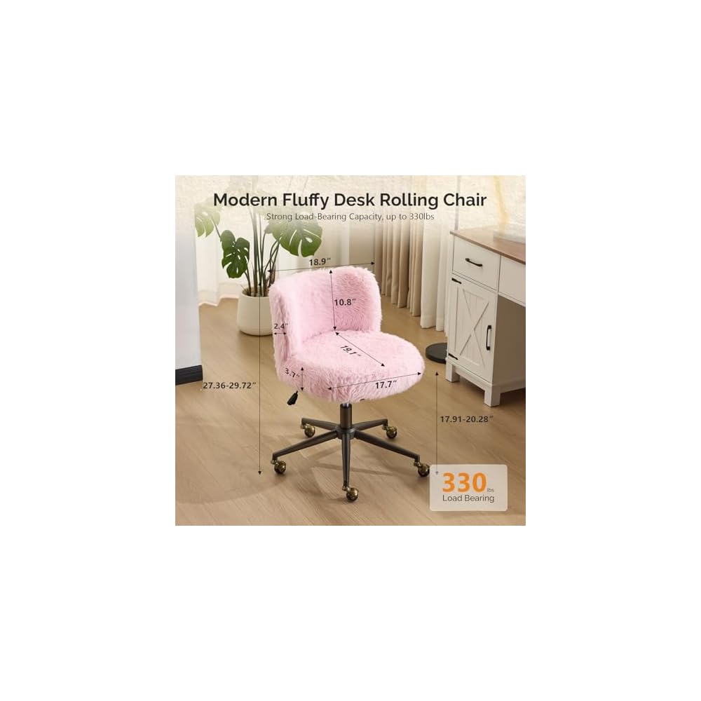 VINGLI Plush Upholstery Vanity Desk Chair with Curved Back & 90-102° Tilt & Adjustable Height, Cute Rolling Chair with Bronze Base & Golden-Bronze 360° Swivel Wheels for Makeup &Home Office,Light Pink
