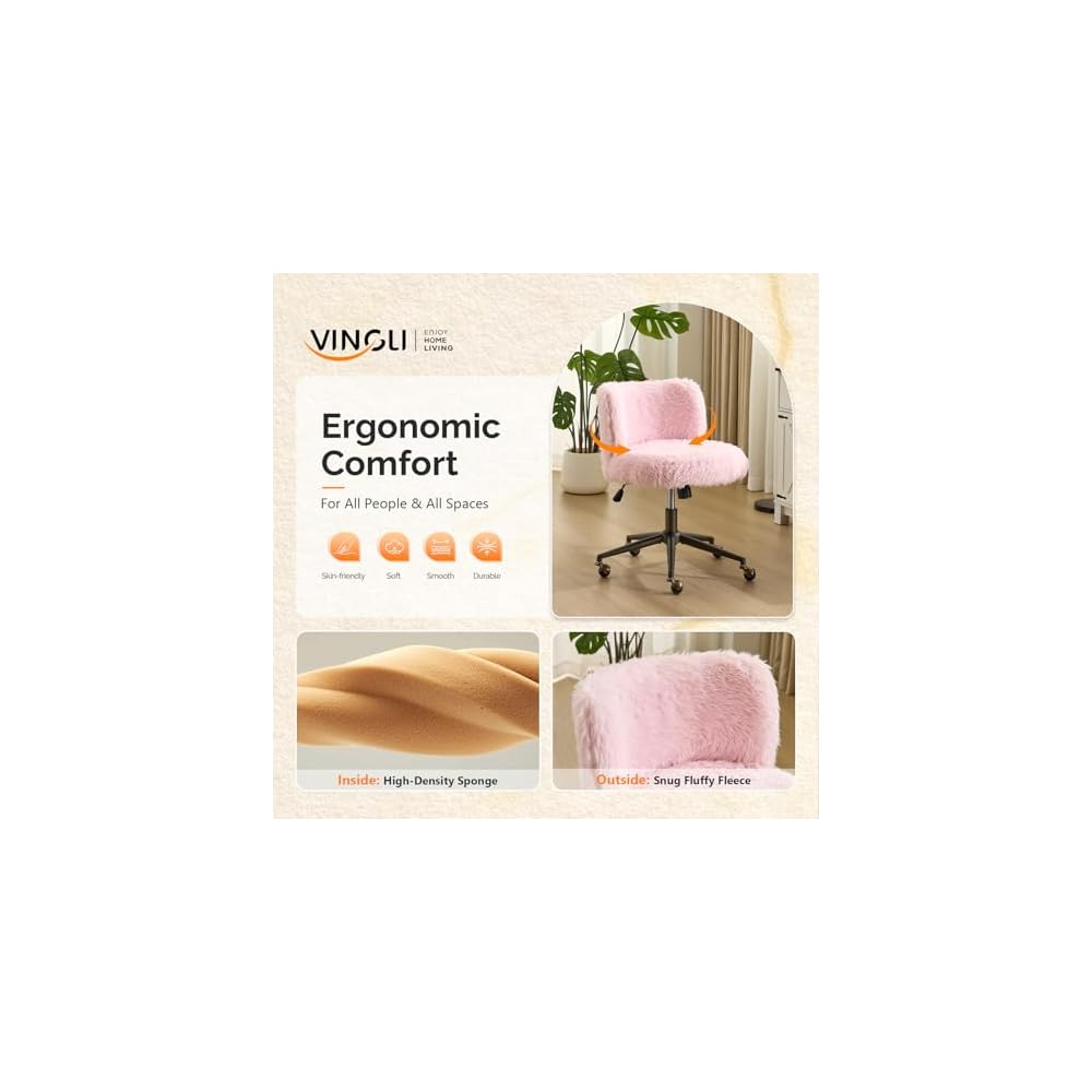 VINGLI Plush Upholstery Vanity Desk Chair with Curved Back & 90-102° Tilt & Adjustable Height, Cute Rolling Chair with Bronze Base & Golden-Bronze 360° Swivel Wheels for Makeup &Home Office,Light Pink