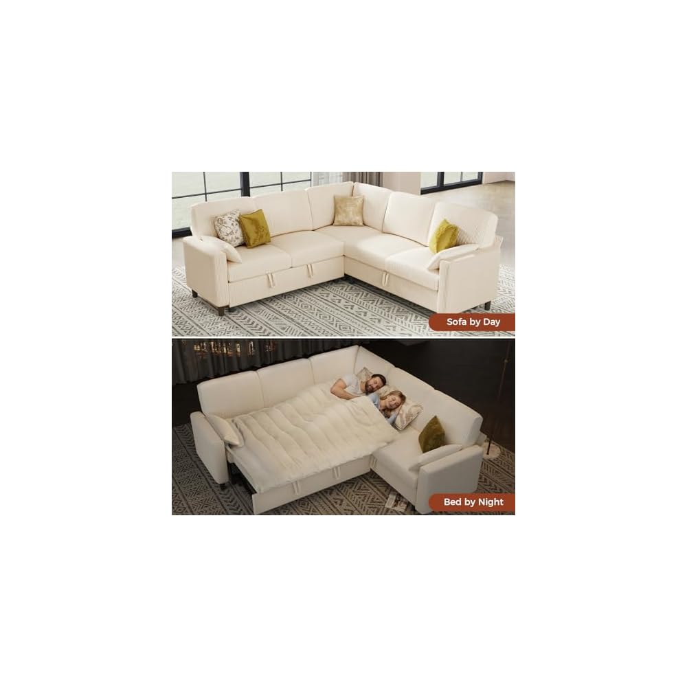 KKL 5 Seat L-Shaped Modular Sectional Sleeper Sofa with Pull Out Bed, Corduroy Couch with Storage, Modern Cloud Couch for Living Room, Beige