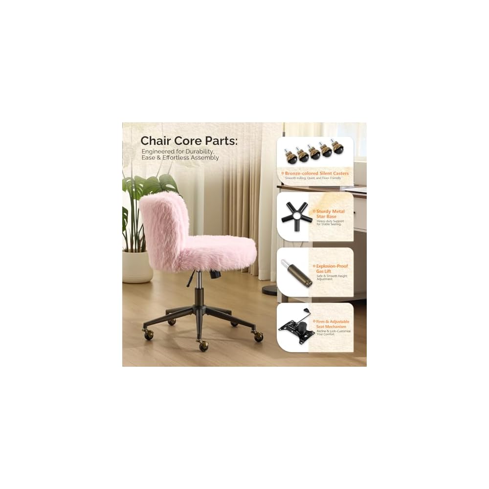 VINGLI Plush Upholstery Vanity Desk Chair with Curved Back & 90-102° Tilt & Adjustable Height, Cute Rolling Chair with Bronze Base & Golden-Bronze 360° Swivel Wheels for Makeup &Home Office,Light Pink