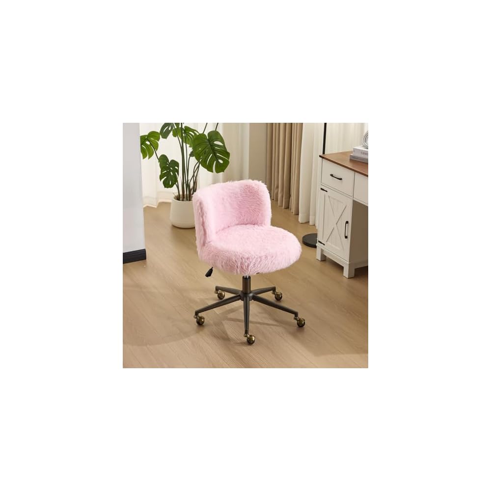 VINGLI Plush Upholstery Vanity Desk Chair with Curved Back & 90-102° Tilt & Adjustable Height, Cute Rolling Chair with Bronze Base & Golden-Bronze 360° Swivel Wheels for Makeup &Home Office,Light Pink