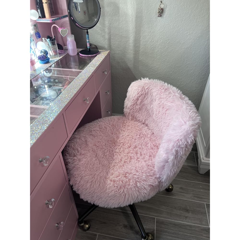 VINGLI Plush Upholstery Vanity Desk Chair with Curved Back & 90-102° Tilt & Adjustable Height, Cute Rolling Chair with Bronze Base & Golden-Bronze 360° Swivel Wheels for Makeup &Home Office,Light Pink