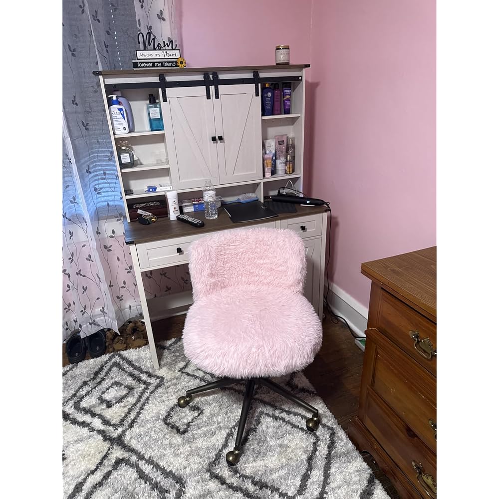 VINGLI Plush Upholstery Vanity Desk Chair with Curved Back & 90-102° Tilt & Adjustable Height, Cute Rolling Chair with Bronze Base & Golden-Bronze 360° Swivel Wheels for Makeup &Home Office,Light Pink