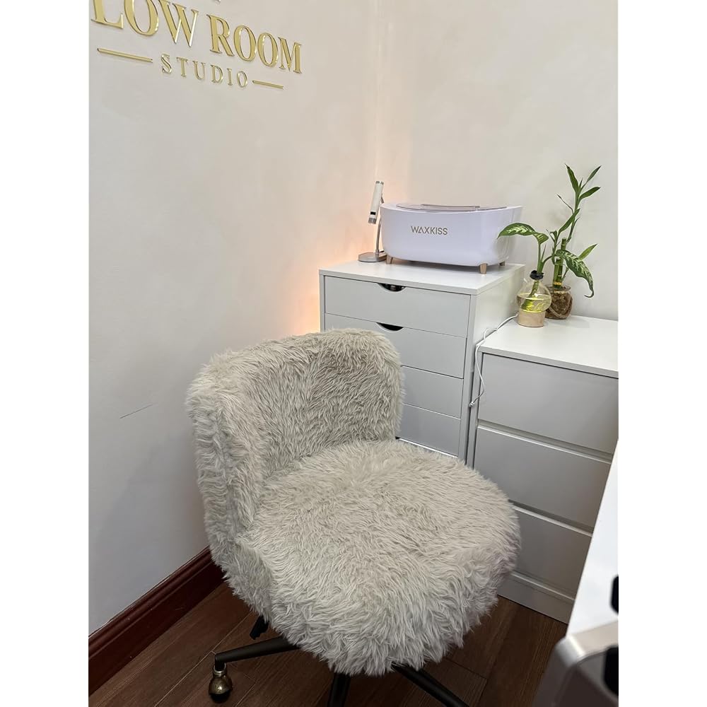 VINGLI Plush Upholstery Vanity Desk Chair with Curved Back & 90-102° Tilt & Adjustable Height, Cute Rolling Chair with Bronze Base & Golden-Bronze 360° Swivel Wheels for Makeup &Home Office,Light Pink