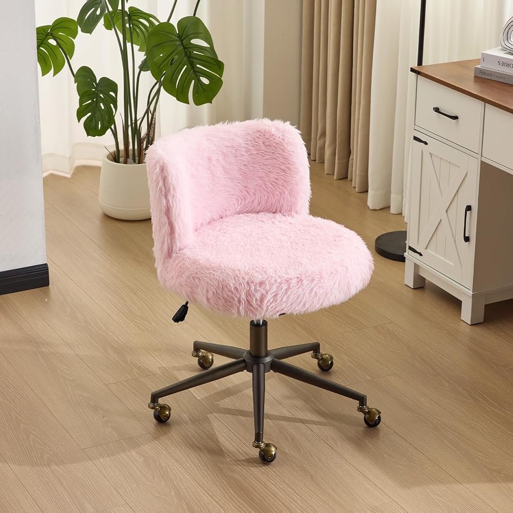 VINGLI Plush Upholstery Vanity Desk Chair with Curved Back & 90-102° Tilt & Adjustable Height, Cute Rolling Chair with Bronze Base & Golden-Bronze 360° Swivel Wheels for Makeup &Home Office,Light Pink