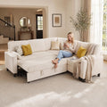KKL 5 Seat L-Shaped Modular Sectional Sleeper Sofa with Pull Out Bed, Corduroy Couch with Storage, Modern Cloud Couch for Living Room, Beige