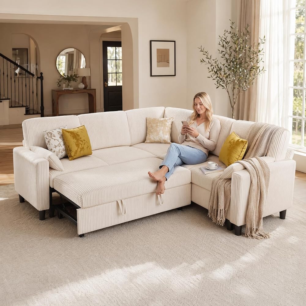 KKL 5 Seat L-Shaped Modular Sectional Sleeper Sofa with Pull Out Bed, Corduroy Couch with Storage, Modern Cloud Couch for Living Room, Beige